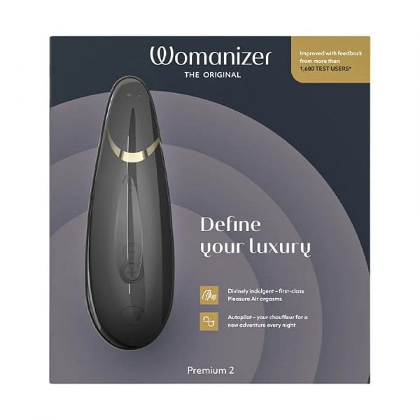 Womanizer Premium 2 personal massager in black, showing close-up of sleek design and textured surface for enhanced pleasure.
