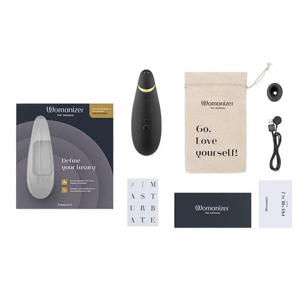 Womanizer Premium 2 personal massager in black, featuring sleek design and advanced stimulation technology.