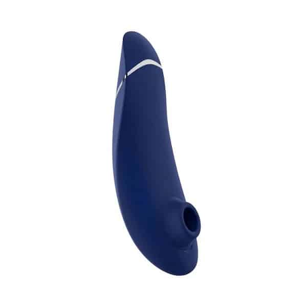 Womanizer Premium 2 personal massager in blue with sleek design, displayed on a neutral background.