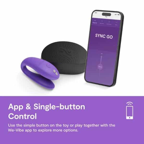 We Vibe Sync Go dual-stimulation vibrator in purple with adjustable design and remote control, shown on a white background.