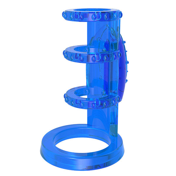 Blue Chisa Vibrating Cock Cage by Luvland, showcasing the adjustable, vibrating silicone restraint on a realistic male model.