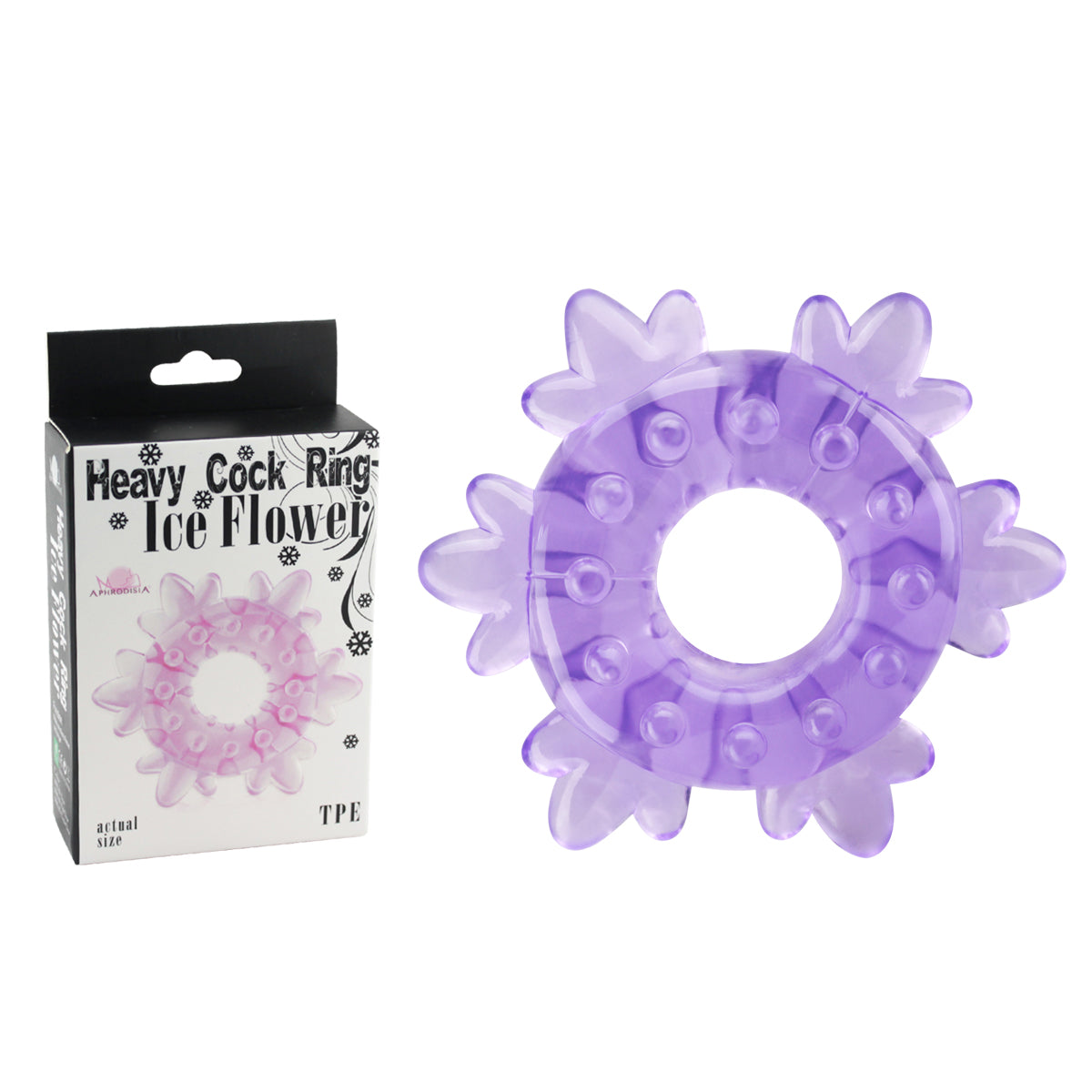 Purple and clear heavy cock ring with ice flower design by Luvland, showing textured and durable adult pleasure accessory.