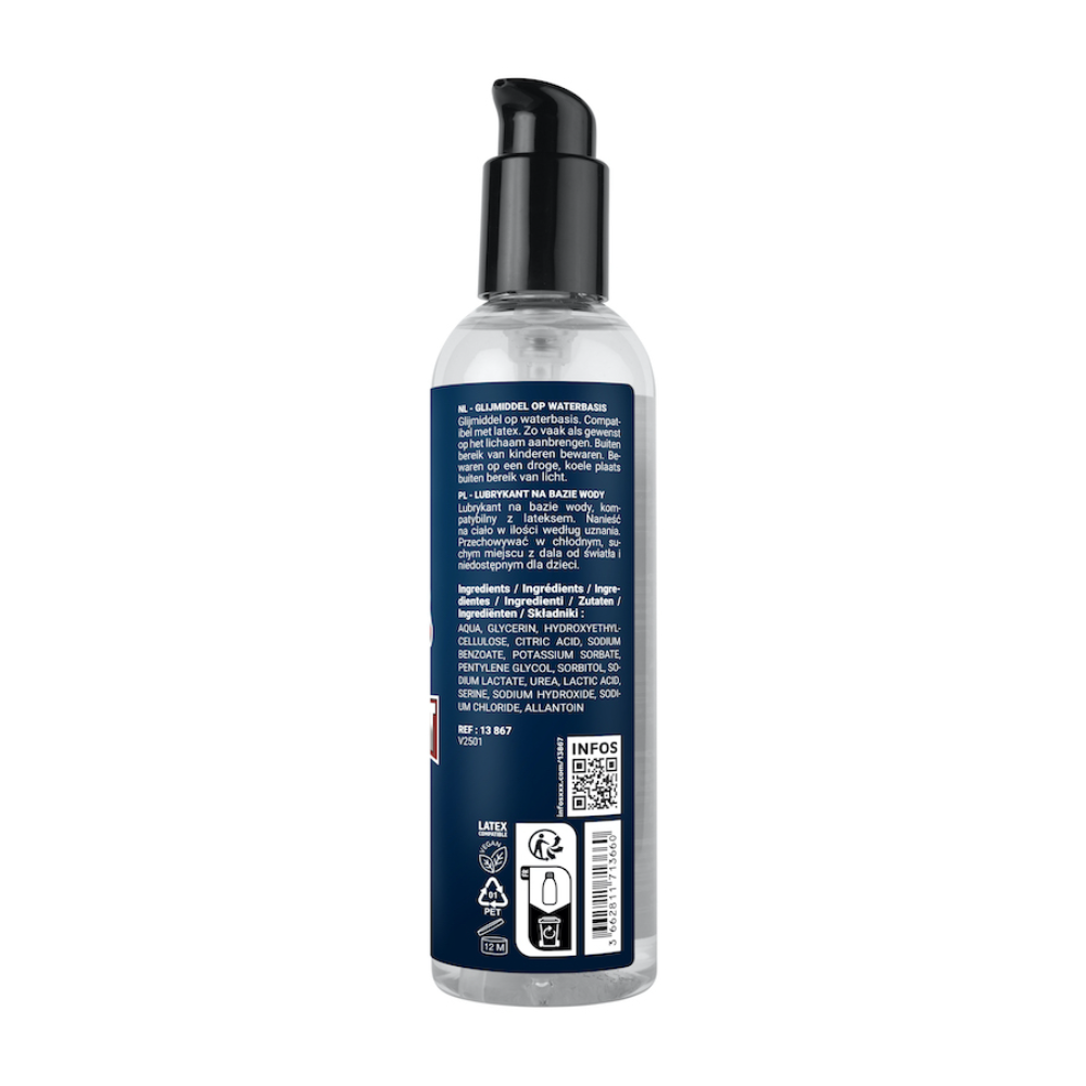 Luvland Fuck & Fist water-based lubricant bottle with white cap and clear label, designed for intimate use.