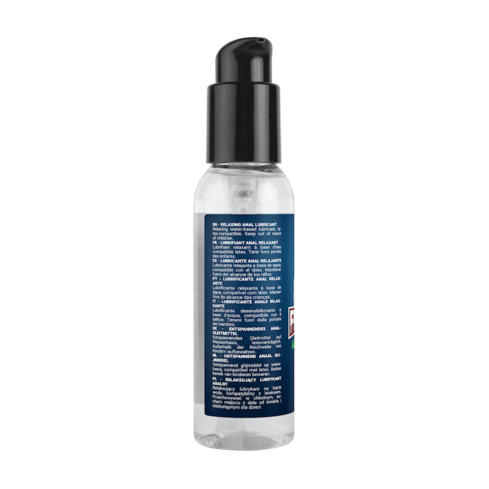 Luvland Fuck & Fist Waterbased Relax lubricant bottle with clear label, designed for intimate massage and comfort.