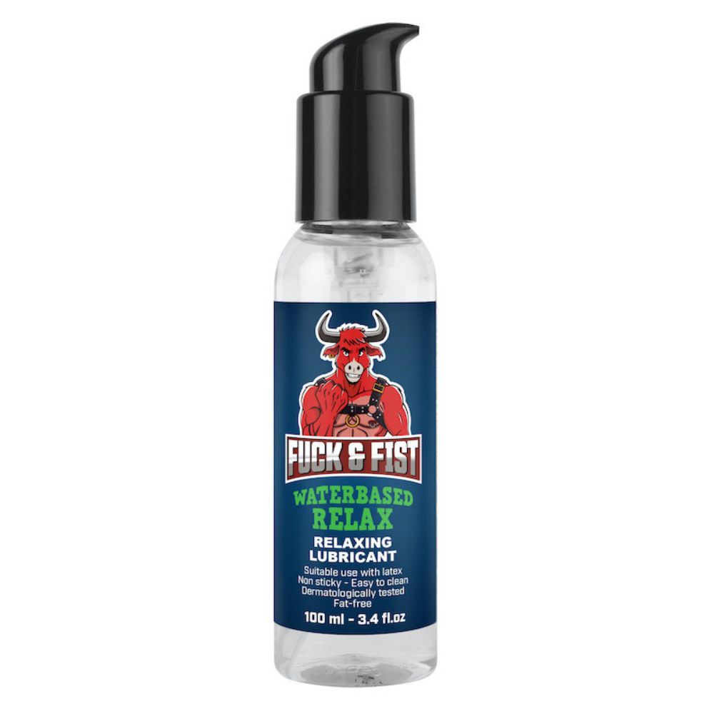 Luvland Fuck & Fist Waterbased Relax lubricant bottle, clear liquid inside a sleek container, suitable for intimate use.