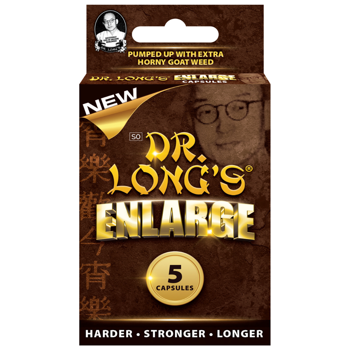 Luvland Dr Long's Enlarge Capsules bottle with supplement capsules sitting on a white surface.