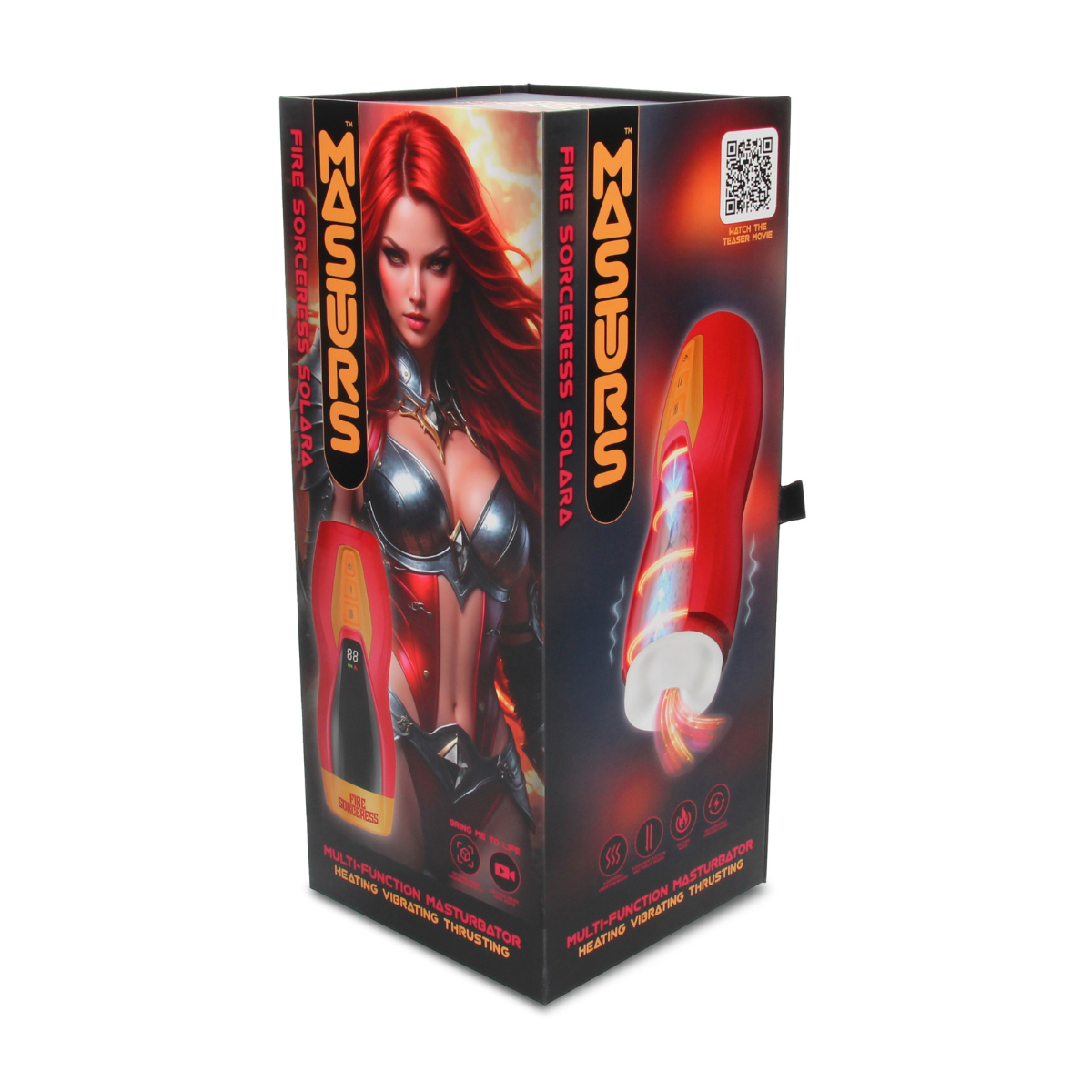 Shots Masturs Solara Fire Sorceress Rechargeable adult toy with flame design and sleek black body, designed for intimate pleasure.