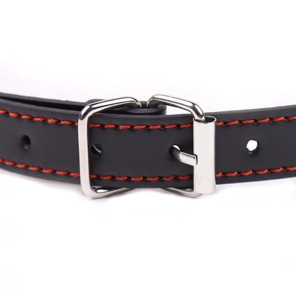Red bone gag with black leather strap, adjustable, and leather details, designed for BDSM restraint and sensory play.