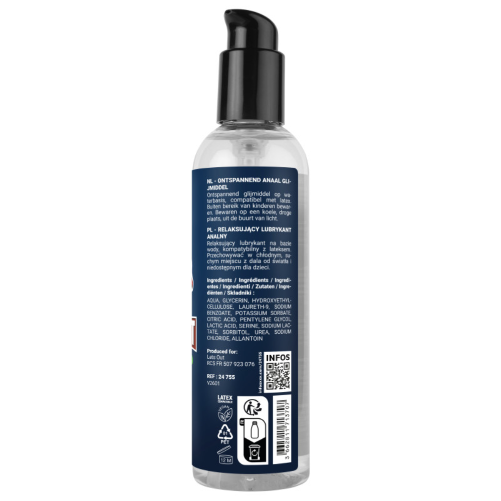 Luvland Fuck & Fist Waterbased Relax lubricant bottle with clear label, designed for intimate use and easy application.