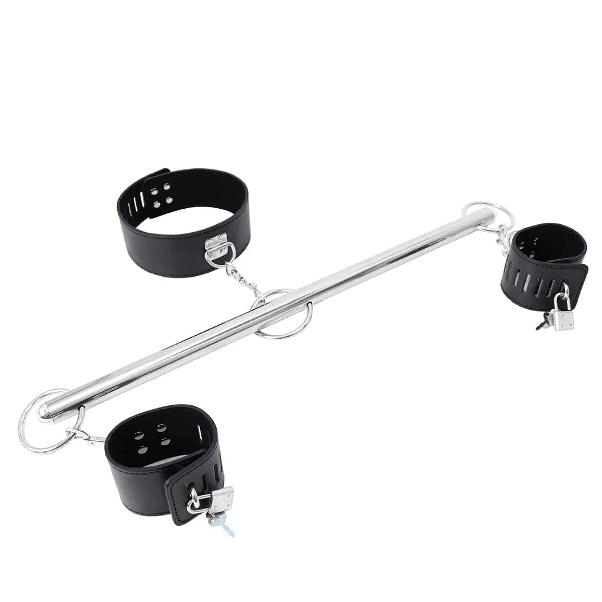 Ideal Leather wrist and neck cuffs attached to a metal bar, featuring sturdy leather straps and metal hardware.