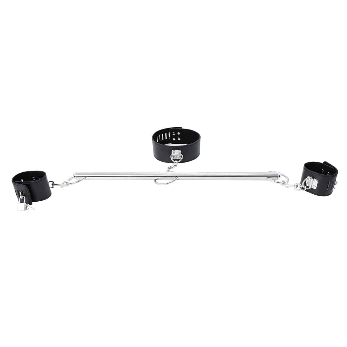 Ideal Leather wrist and neck cuffs attached to a metal bar, showcasing adjustable leather restraints for bondage or BDSM play.