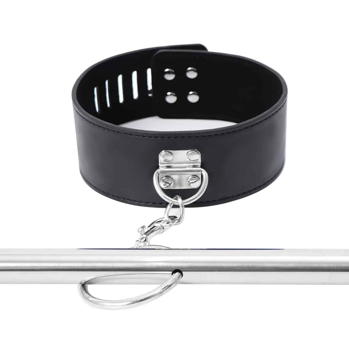 Ideal Leather wrist and neck cuffs attached to a metal bar, showcasing durable leather restraint accessories for BDSM or bondage play.