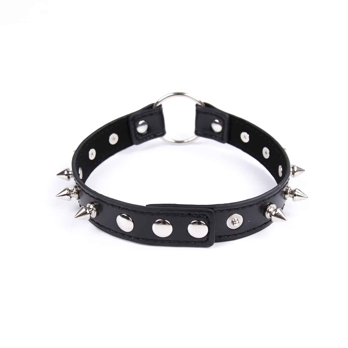 Black short spiked leather collar with circular buckle from Ideal Leather, featuring metal spikes and adjustable fit.
