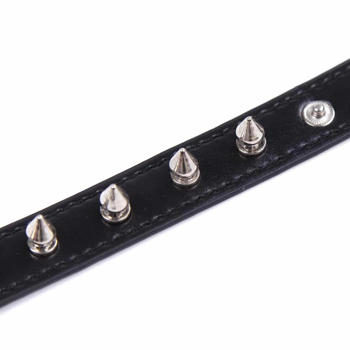 Black circle bit short spiked leather collar by Ideal Leather, featuring metal spikes and adjustable fit.