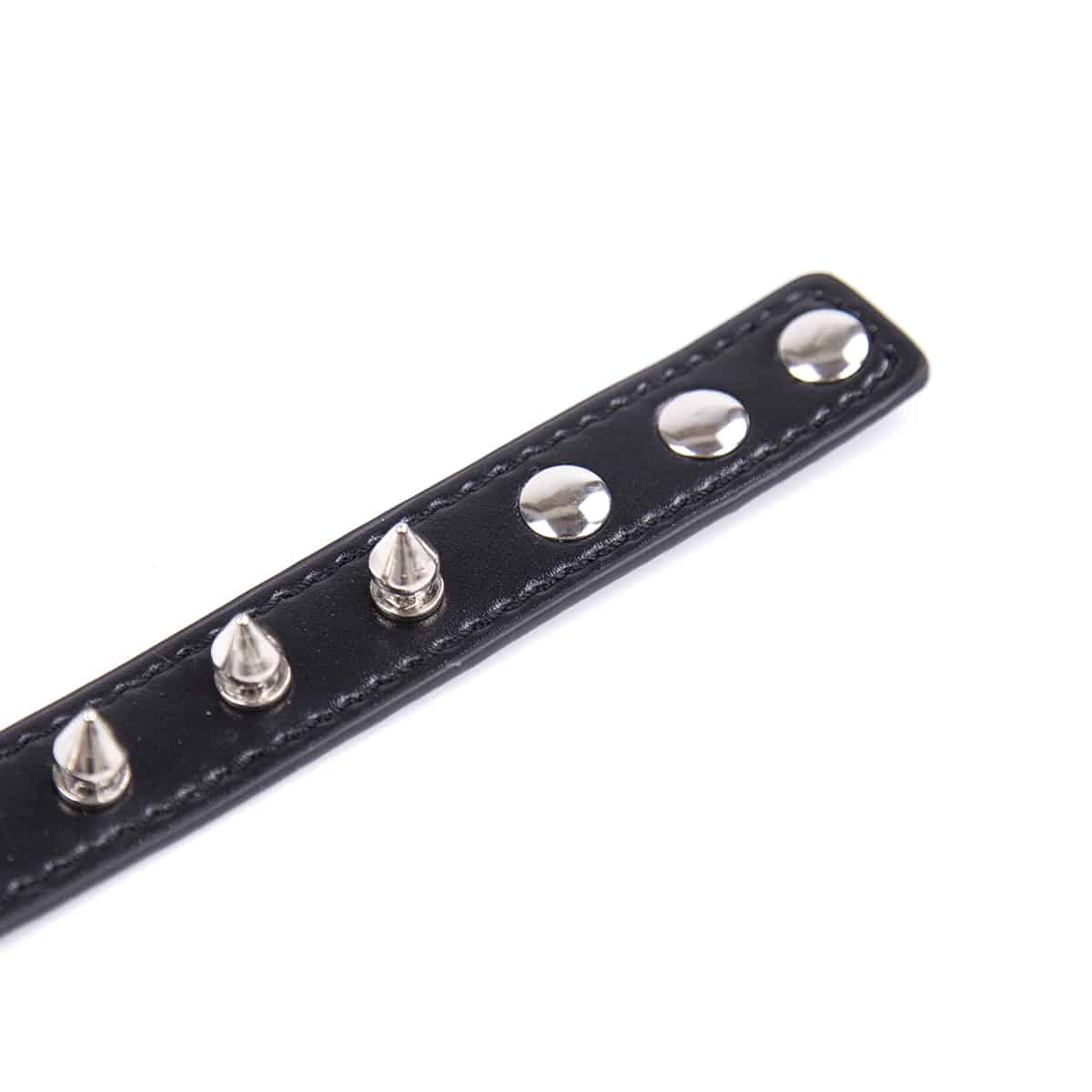 Black short spiked leather collar with circle bit design, ideal for stylish leather accessory fashion.