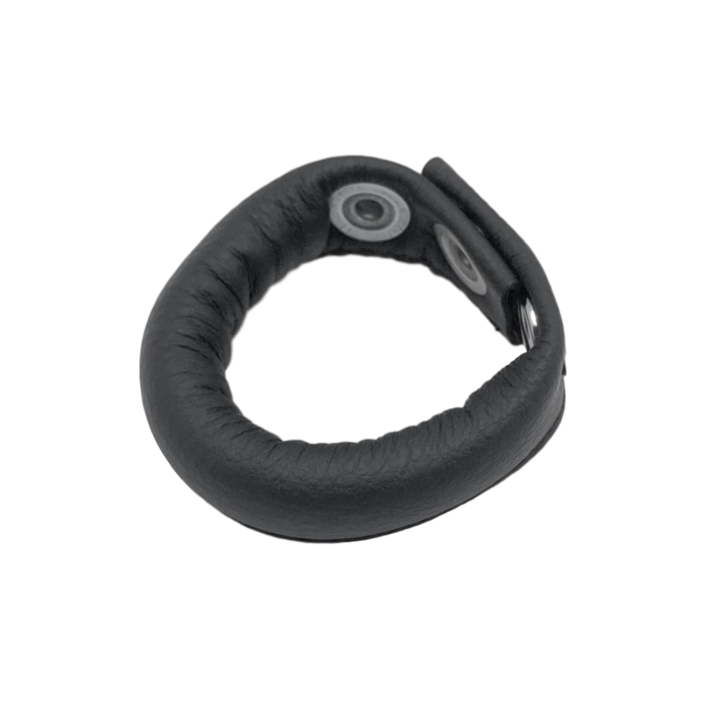 Luvland Fuck & Fist Leather Ball Stretcher showing black leather strap with buckle for adjustable fit.