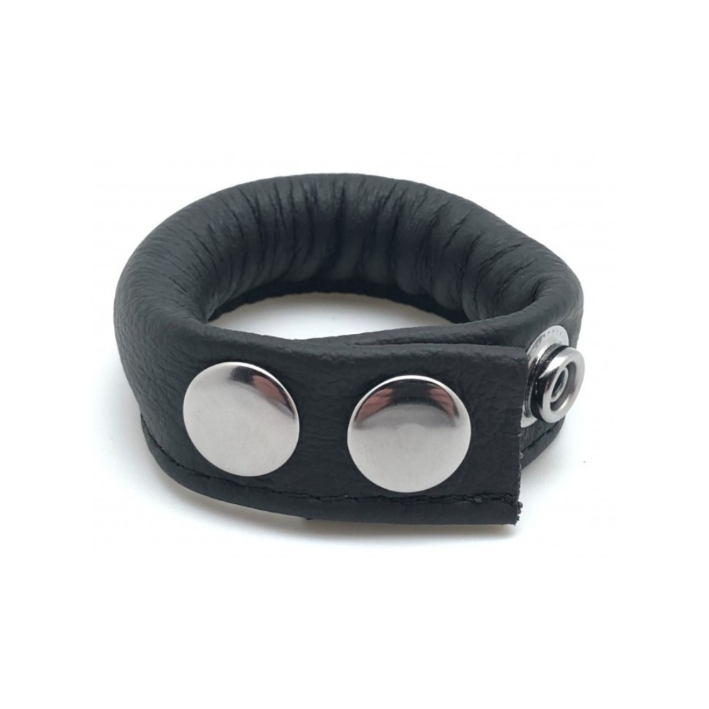 Luvland Fuck & Fist leather ball stretcher with adjustable strap and padded design for comfortable stretching.