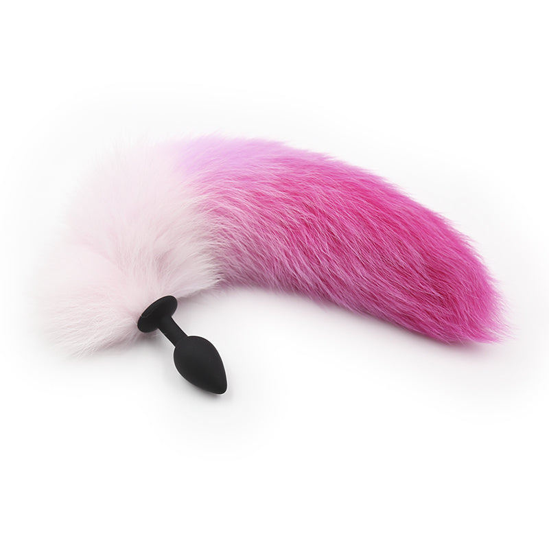 Pink and white 45cm leather tail with attached butt plug from Ideal Leather, displayed on a neutral background.