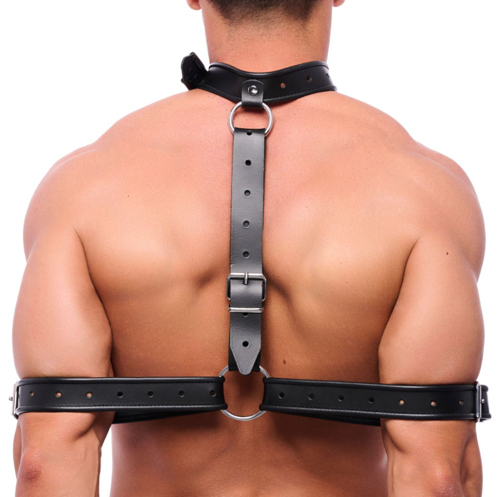 Black leather arm and neck harness from Fuck & Fist by Luvland, featuring adjustable straps and metal hardware.