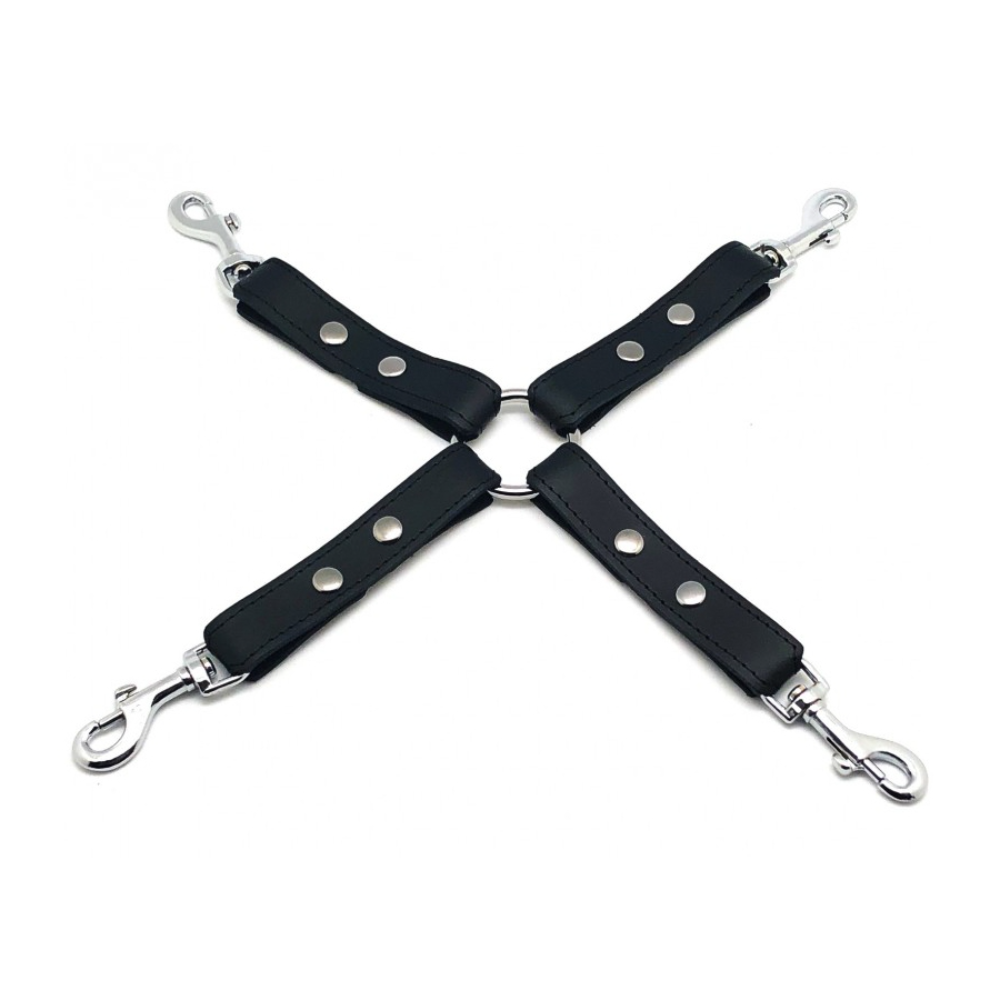 Black leather hogtie with clips from Luvland, featuring adjustable straps and metal clips for restraint play.
