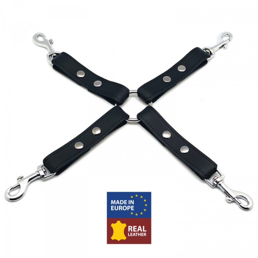 Black leather hogtie with clips from Luvland, featuring adjustable straps and metal clips for restraint and bondage play.