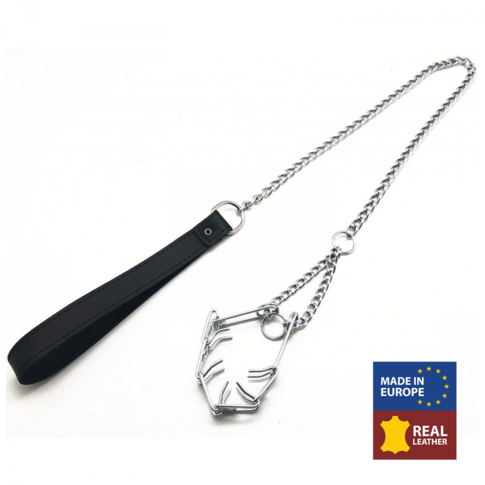 Leather penis collar with chain leash from Luvland, featuring adjustable straps and sturdy metal chain for BDSM restraint play.