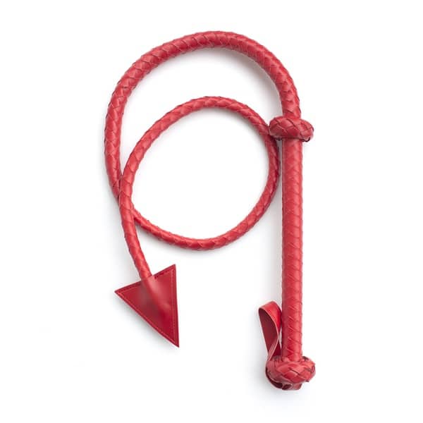 Red Arrow Whip by Ideal Leather, 1.3 meters long, with a leather handle and tapered tip, displayed on a neutral background.