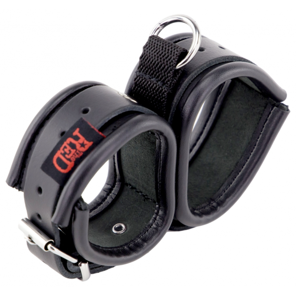 Black leather hand restraints from Luvland's Fuck & Fist collection, featuring sturdy leather straps and metal hardware.