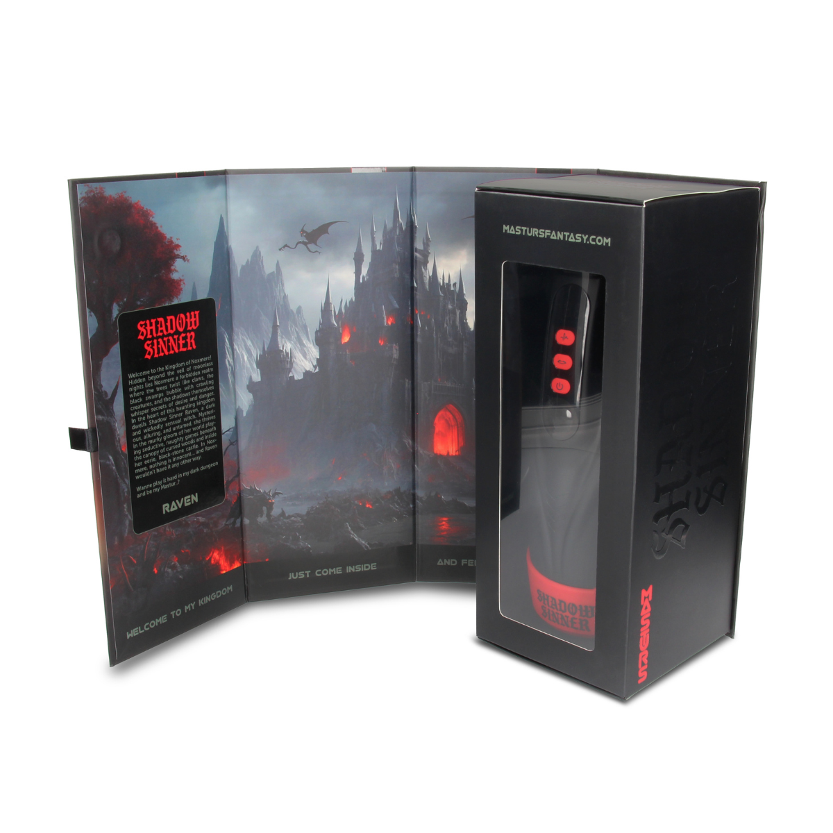 Shots Masturs Raven Shadow Sinner rechargeable vibrator with sleek black design and textured surface for enhanced stimulation.