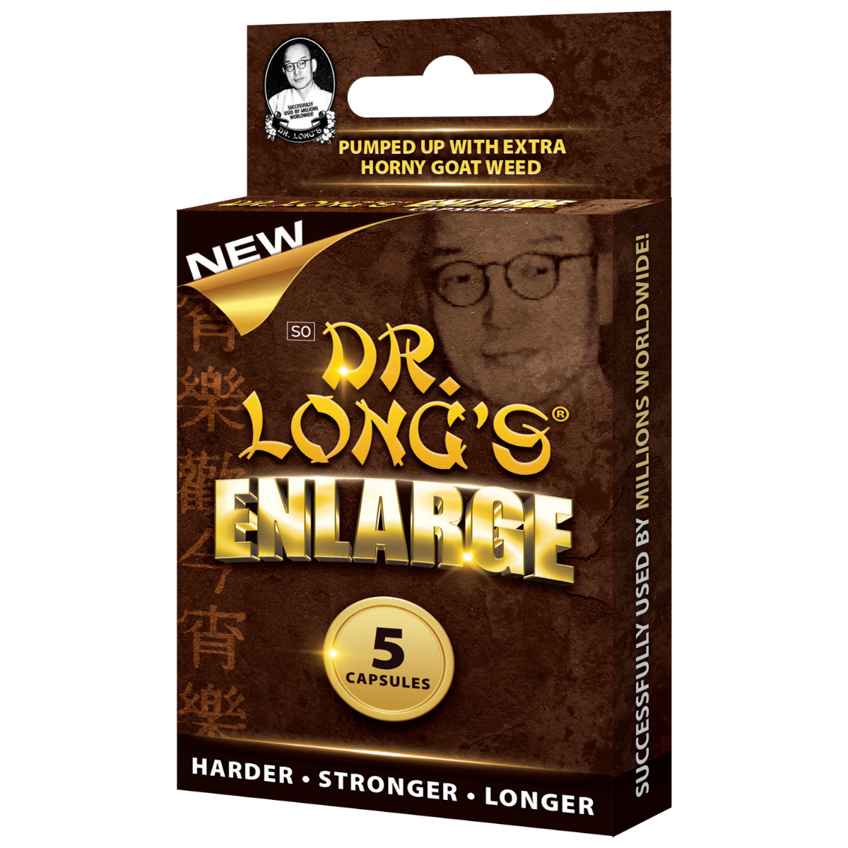 Luvland Dr Long's Enlarge Capsules bottle with capsules inside, dietary supplement for size enhancement.