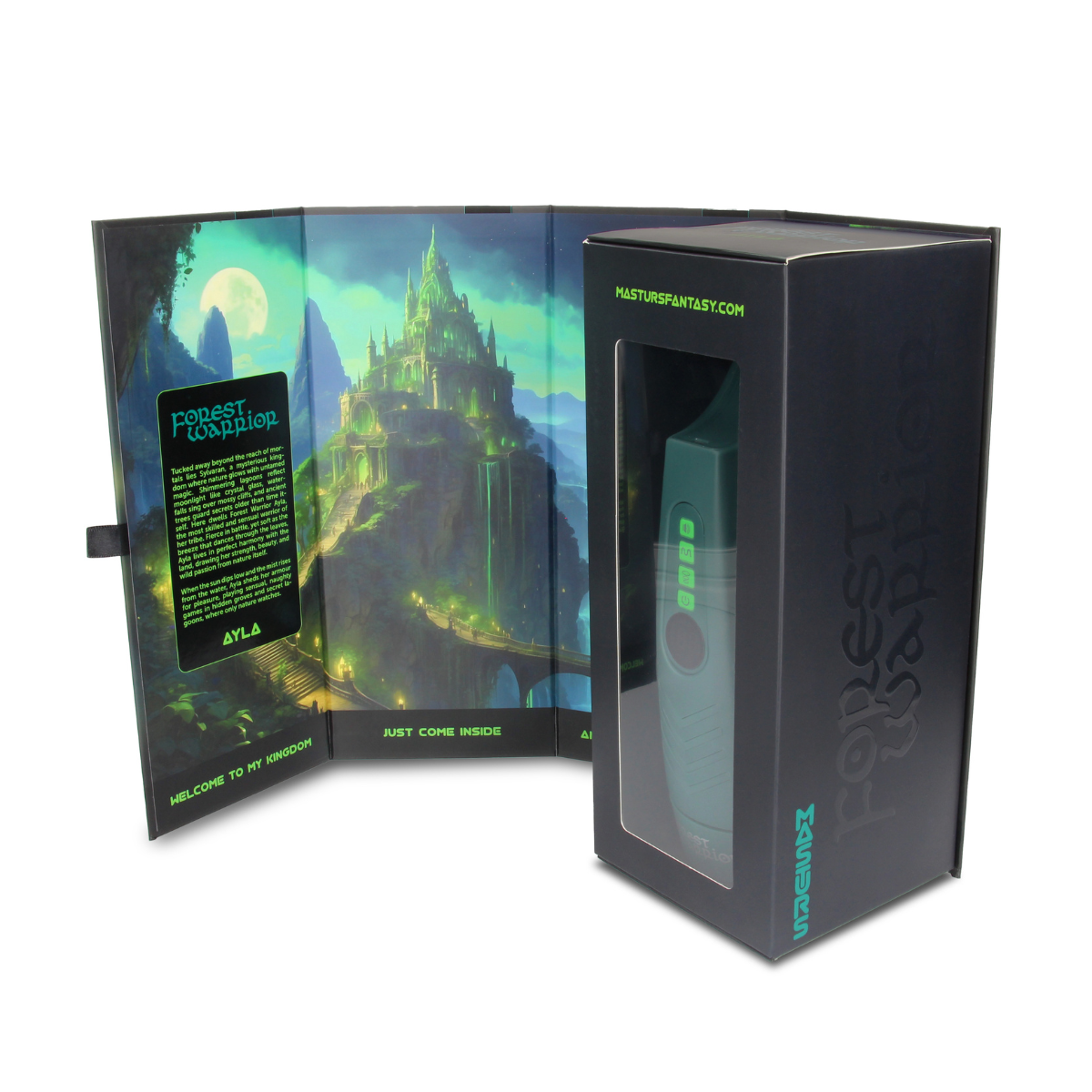 Shots Masturs Ayla Forest Warrior rechargeable vibrator with forest-themed design and sleek black finish, designed for intimate pleasure.