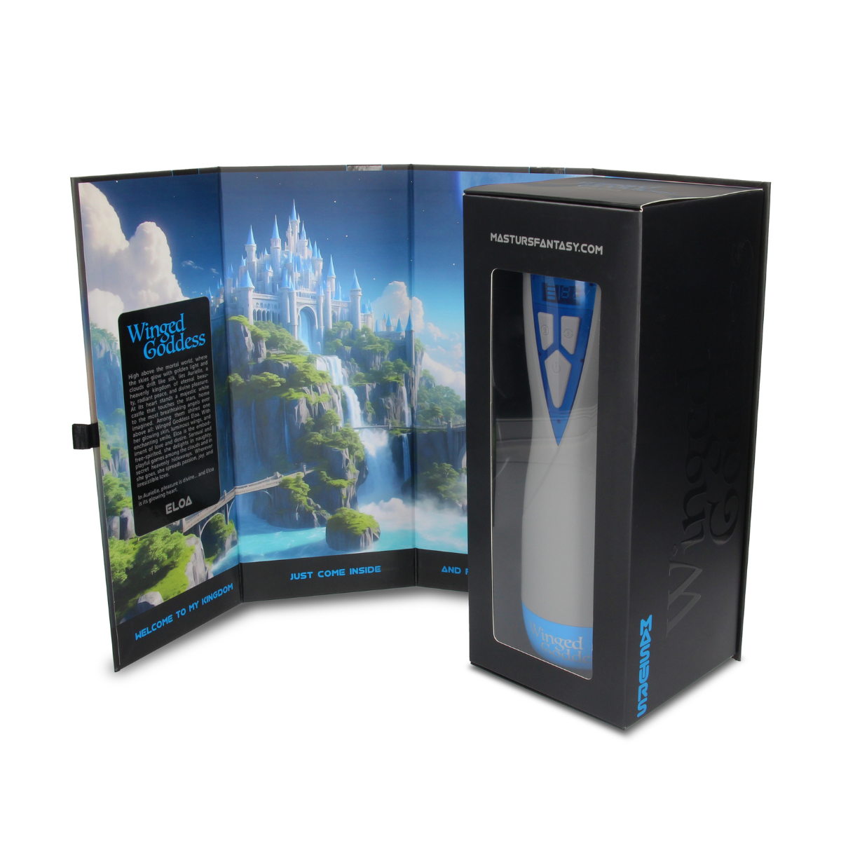 Shots Masturs Eloa Winged Goddess Rechargeable vibrator with winged design and sleek black finish.