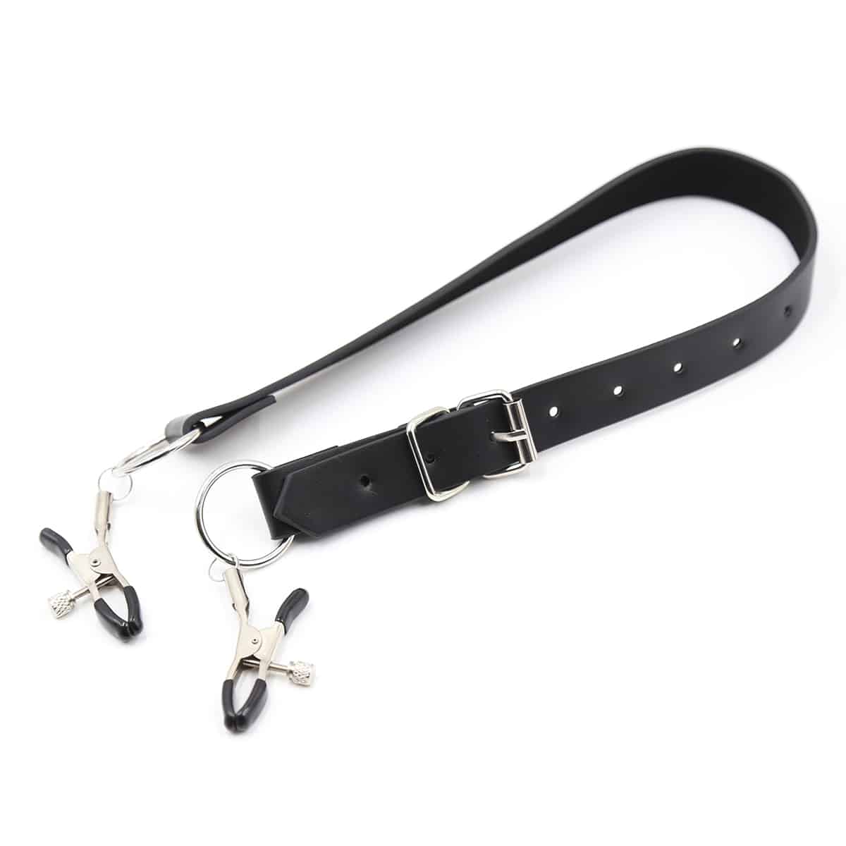 Ideal Leather Labia Spreader Harness with adjustable straps, showcasing black leather construction and detailed design.