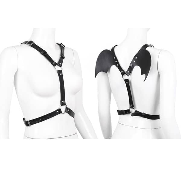 Black body harness with wing accents by Ideal Leather, featuring adjustable straps and a sleek, stylish design.