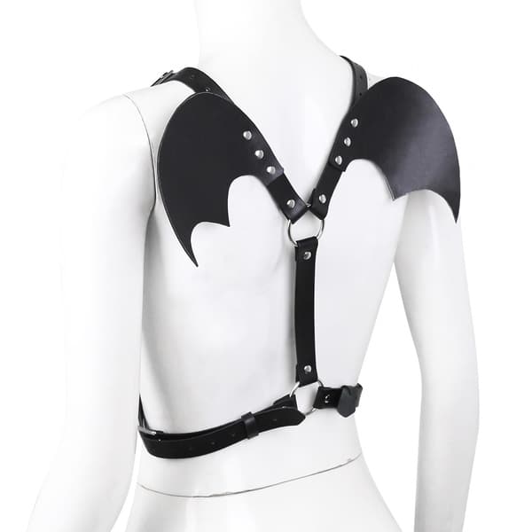 Black body harness with wing accents from Ideal Leather, featuring adjustable straps and detailed craftsmanship.