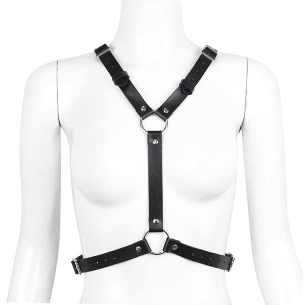 Black body harness with wing design from Ideal Leather, featuring adjustable straps and intricate detailing.