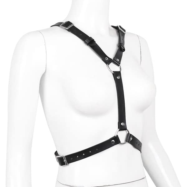 Black leather body harness with wing details from Ideal Leather, featuring adjustable straps and a sleek, stylish design.