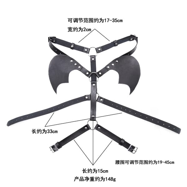 Black body harness with wing details from Ideal Leather, featuring adjustable straps and intricate design.