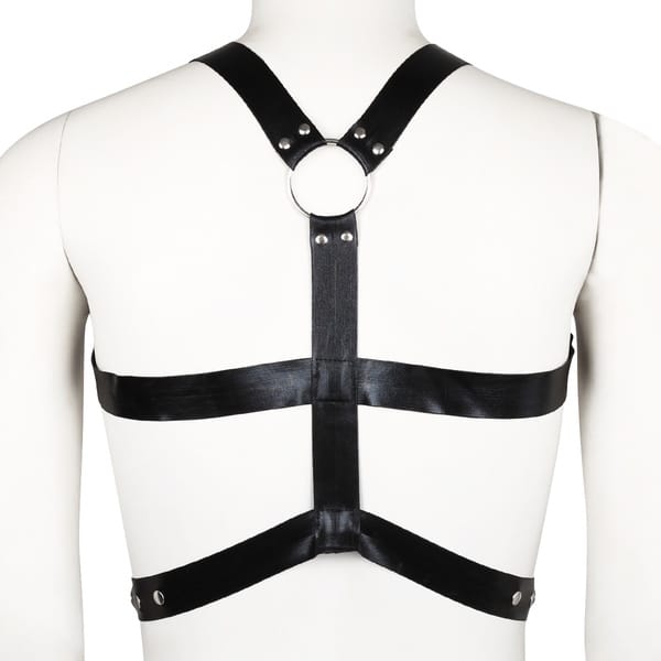 Black full body harness from Ideal Leather, featuring adjustable straps and sturdy metal buckles for secure wear.