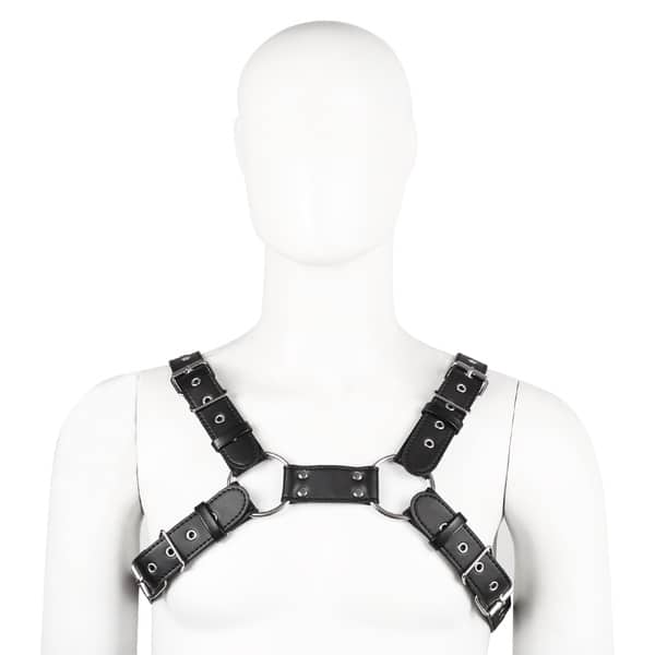 Black 4-strap leather body harness by Ideal Leather, featuring adjustable straps and metal hardware for a stylish, edgy look.