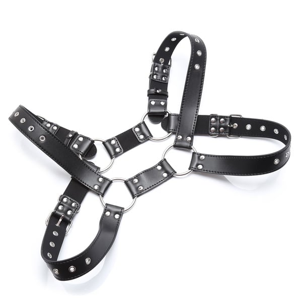 Black 4-strap leather harness by Ideal Leather, featuring adjustable straps and metal hardware for a secure fit and stylish look.