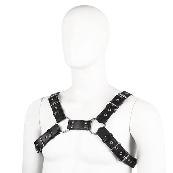 Black 4-strap leather body harness by Ideal Leather, featuring adjustable straps and metal hardware for a stylish, edgy look.
