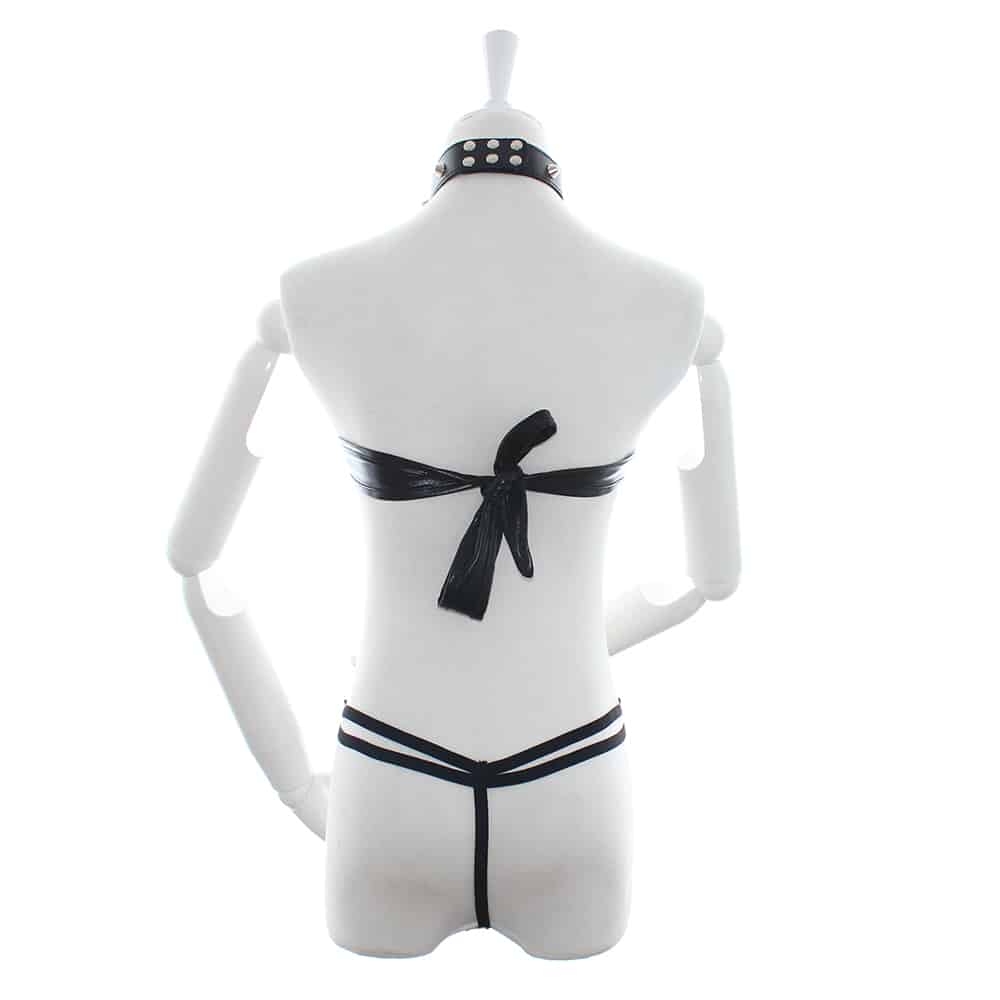 Black women's 1-piece neck bikini harness by Ideal Leather, featuring adjustable straps and stylish leather detailing.