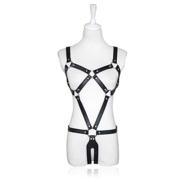 Black women's body harness by Ideal Leather featuring adjustable straps and metal hardware for a stylish accessory.