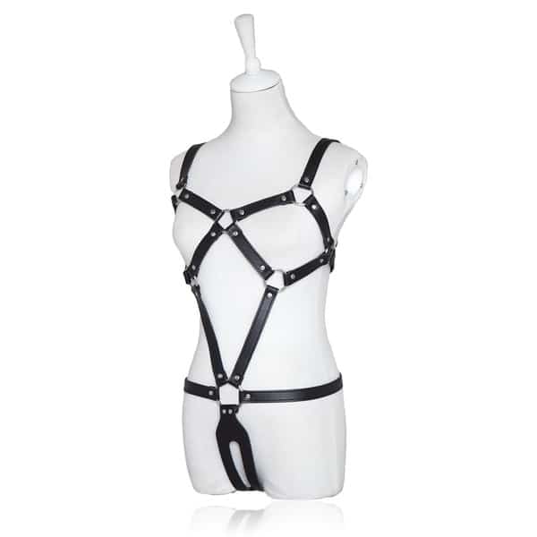 Black women's body harness by Ideal Leather featuring adjustable straps and stylish design for fashion or costume wear.