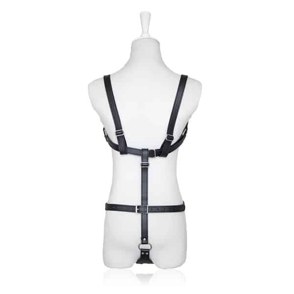 Black women's body harness by Ideal Leather featuring adjustable straps and metal hardware, designed for fashion and style.