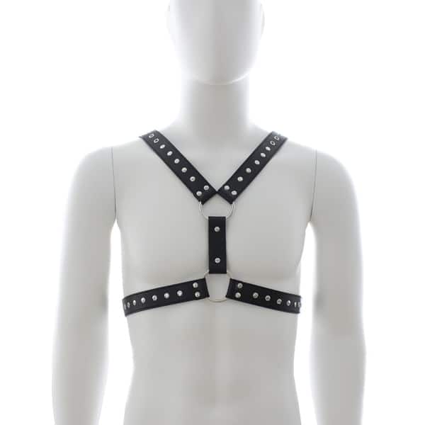 Black men's chest harness by Ideal Leather, featuring adjustable straps and leather construction, worn over a shirt or bare chest.