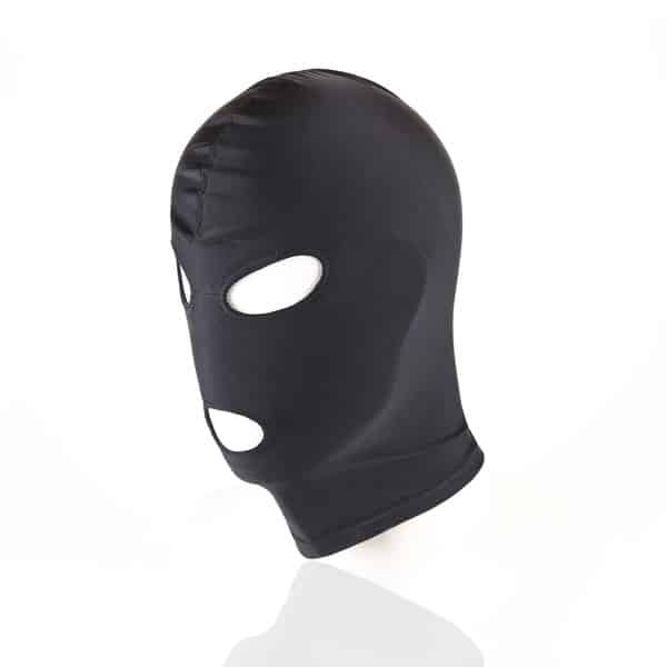 Black full face mask by Luvland with open eyes and mouth, showing detailed design and breathable material.