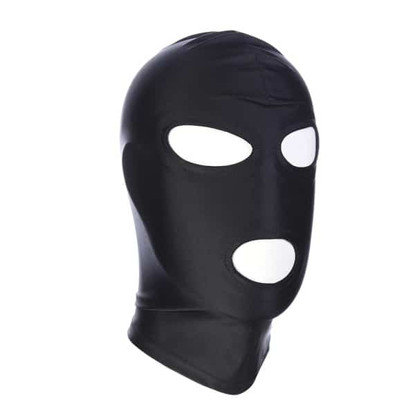 Black full face mask with open eyes and mouth, designed for comfort and breathability, by Luvland.