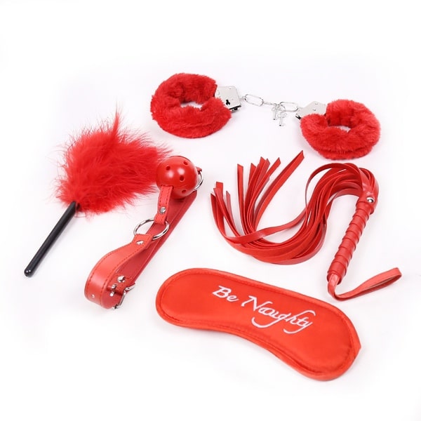 Red 5-piece Be Naughty Bondage Set by Ideal Leather, includes restraints, cuffs, and accessories for BDSM play.